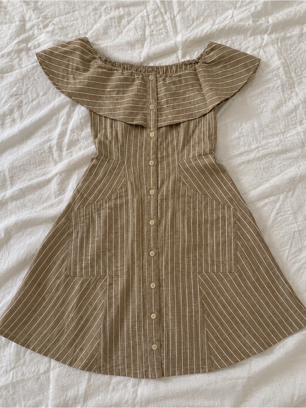 Saks Fifth Avenue - Striped Off-Shoulder Linen Blend Dress in Taupe